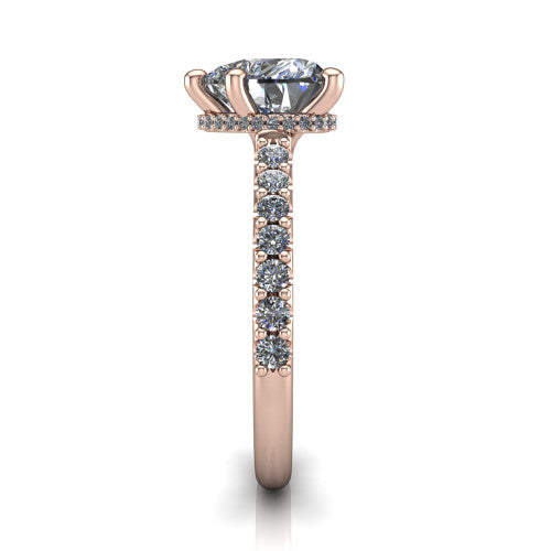Nadia heart hidden halo engagement ring in 18K Rose Gold, side profile showing the hidden pave halo under the center stone and pave diamonds running continuously around the shank