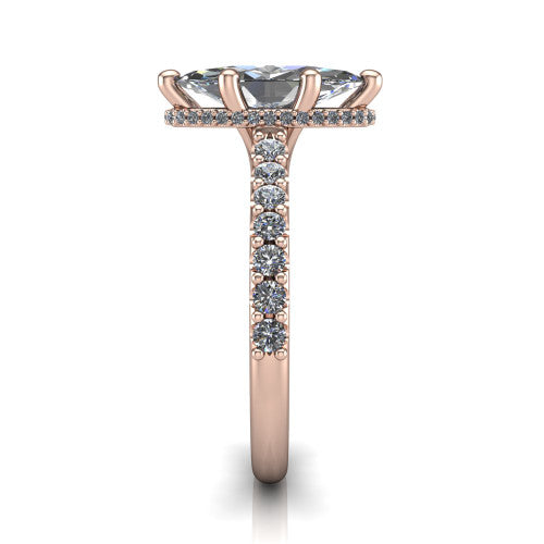 Nadia marquise hidden halo engagement ring in 14K Rose Gold, side profile showing the hidden pave halo under the center stone and pave diamonds running continuously around the shank