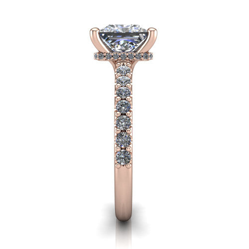 Nadia princess halo engagement ring in 14K Rose Gold, side profile showing the halo head and pave diamonds running continuously around the shank