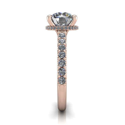 Nadia round hidden halo engagement ring in 14K Rose Gold, side profile showing the hidden pave halo under the center stone and pave diamonds running continuously around the shank