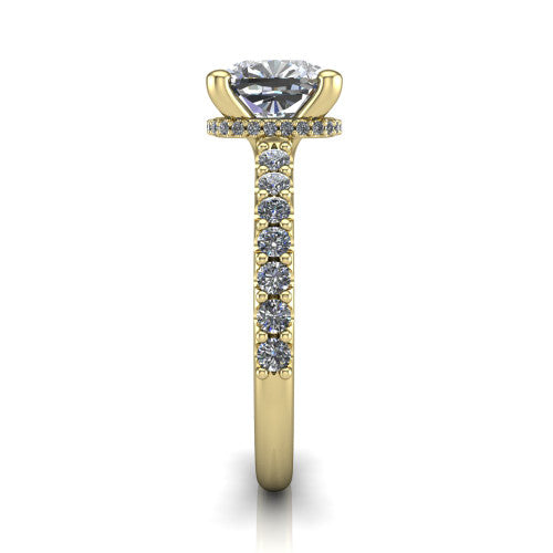 Nadia cushion hidden halo engagement ring in 14K Yellow Gold, side profile showing the hidden pave halo under the center stone and pave diamonds running continuously around the shank