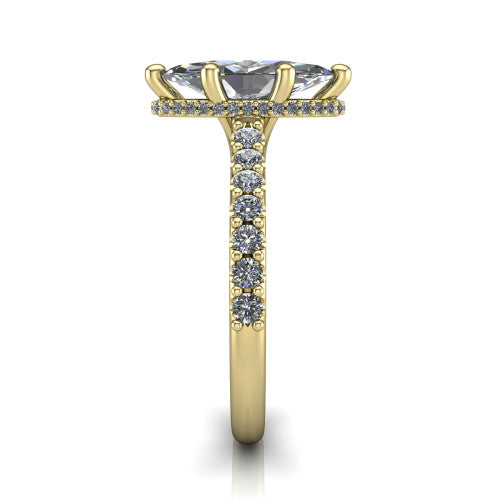 Nadia marquise hidden halo engagement ring in 14K Yellow Gold, side profile showing the hidden pave halo under the center stone and pave diamonds running continuously around the shank