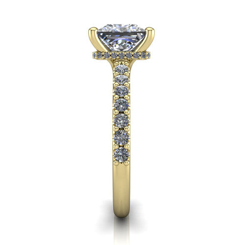 Nadia princess halo engagement ring in 18K Yellow Gold, side profile showing the halo head and pave diamonds running continuously around the shank