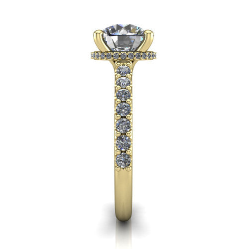 Nadia round hidden halo engagement ring in 14K Yellow Gold, side profile showing the hidden pave halo under the center stone and pave diamonds running continuously around the shank