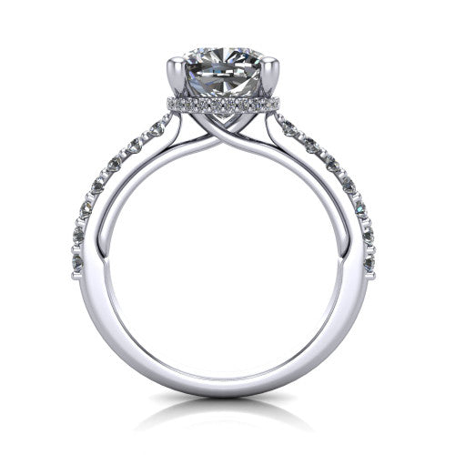 Nadia cushion hidden halo engagement ring in 18K White Gold, through-finger front profile showing the head, hidden pave halo, and pave eternity band