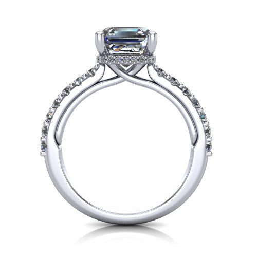 Nadia square emerald hidden halo engagement ring in 18K White Gold, through-finger front profile showing the head, hidden pave halo, and pave eternity band
