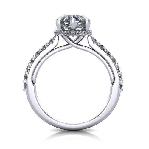 Nadia heart hidden halo engagement ring in 18K White Gold, through-finger front profile showing the head, hidden pave halo, and pave eternity band