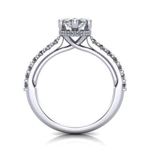 Nadia marquise hidden halo engagement ring in 18K White Gold, through-finger front profile showing the head, hidden pave halo, and pave eternity band