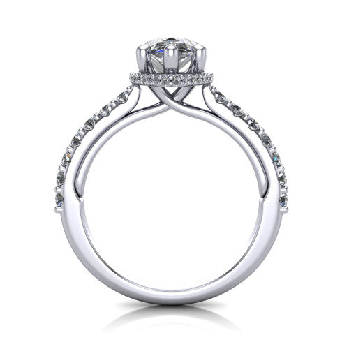 Nadia pear hidden halo engagement ring in 14K White Gold, through-finger front profile showing the head, hidden pave halo, and pave eternity band