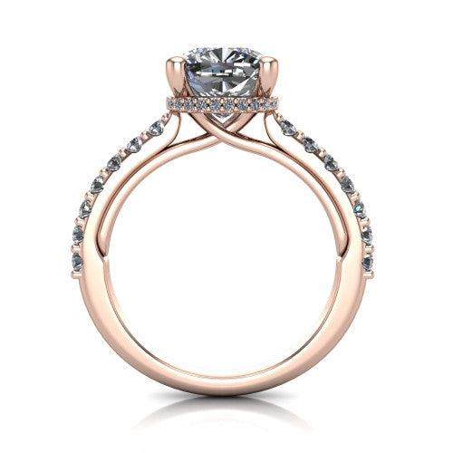 Nadia cushion hidden halo engagement ring in 18K Rose Gold, through-finger front profile showing the head, hidden pave halo, and pave eternity band
