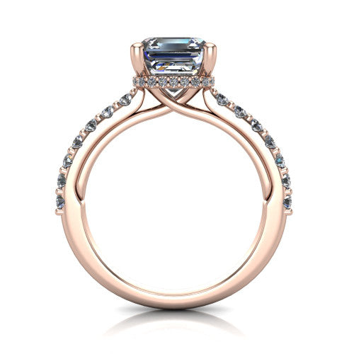 Nadia square emerald hidden halo engagement ring in 18K Rose Gold, through-finger front profile showing the head, hidden pave halo, and pave eternity band