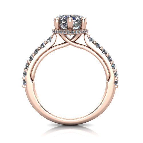 Nadia heart hidden halo engagement ring in 18K Rose Gold, through-finger front profile showing the head, hidden pave halo, and pave eternity band