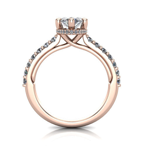 Nadia marquise hidden halo engagement ring in 18K Rose Gold, through-finger front profile showing the head, hidden pave halo, and pave eternity band