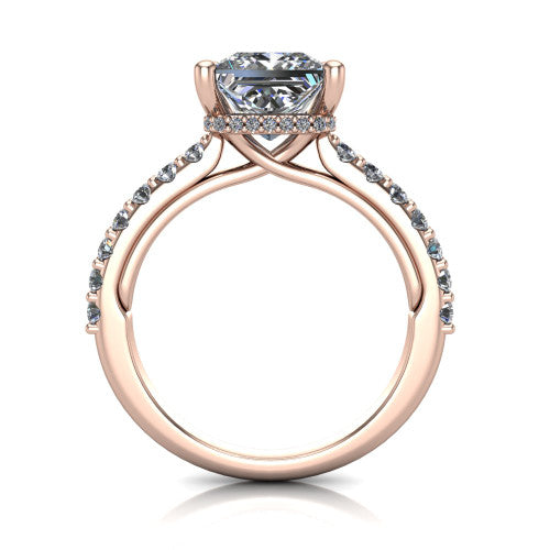 Nadia princess halo engagement ring in 14K Rose Gold, through-finger front profile showing the head, halo, and pave eternity band