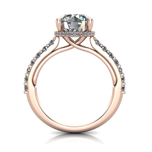 Nadia round hidden halo engagement ring in 18K Rose Gold, through-finger front profile showing the head, hidden pave halo, and pave eternity band
