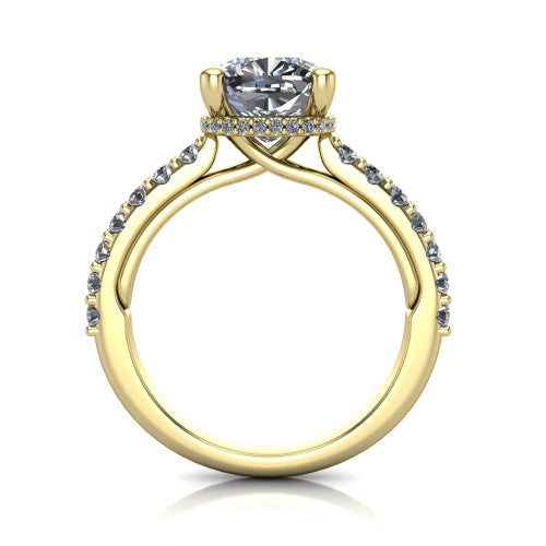 Nadia cushion hidden halo engagement ring in 14K Yellow Gold, through-finger front profile showing the head, hidden pave halo, and pave eternity band