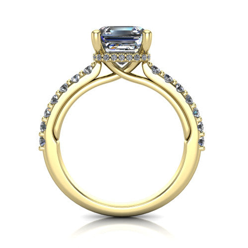 Nadia square emerald hidden halo engagement ring in 18K Yellow Gold, through-finger front profile showing the head, hidden pave halo, and pave eternity band