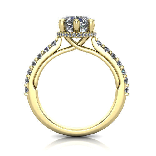 Nadia heart hidden halo engagement ring in 18K Yellow Gold, through-finger front profile showing the head, hidden pave halo, and pave eternity band