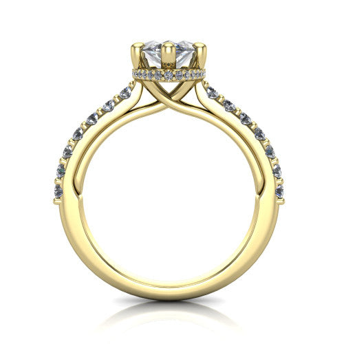 Nadia marquise hidden halo engagement ring in 14K Yellow Gold, through-finger front profile showing the head, hidden pave halo, and pave eternity band