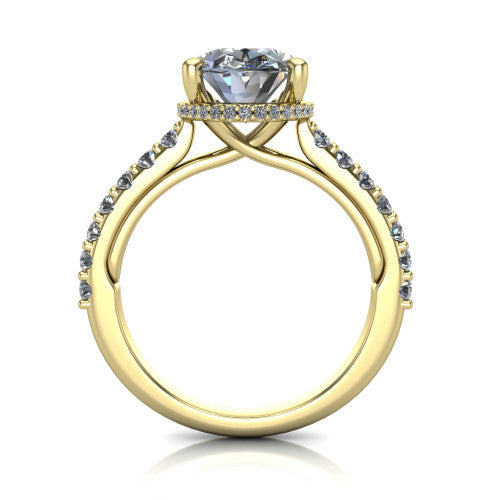 Nadia oval hidden halo engagement ring in 14K Yellow Gold, through-finger front profile showing the head, hidden pave halo, and pave eternity band