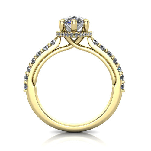 Nadia pear hidden halo engagement ring in 14K Yellow Gold, through-finger front profile showing the head, hidden pave halo, and pave eternity band
