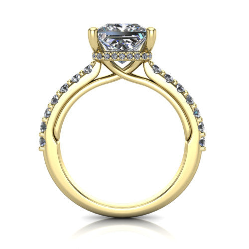 Nadia princess halo engagement ring in 14K Yellow Gold, through-finger front profile showing the head, halo, and pave eternity band