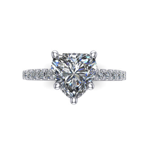 Nadia heart hidden halo engagement ring in 18K White Gold, top-down view showing the brilliant heart-shaped center diamond with the hidden pave halo peeking from beneath
