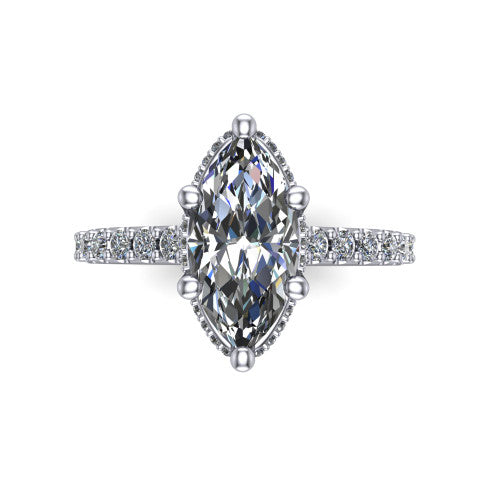 Nadia marquise hidden halo engagement ring in Platinum, top-down view showing the brilliant marquise center diamond with the hidden pave halo peeking from beneath