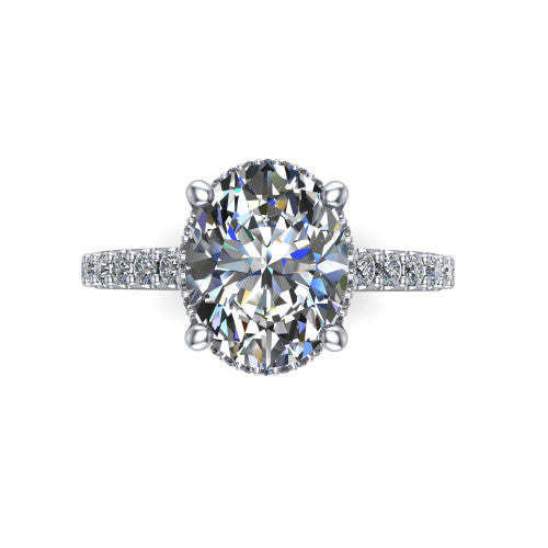 Nadia oval hidden halo engagement ring in Platinum, top-down view showing the brilliant oval center diamond with the hidden pave halo peeking from beneath