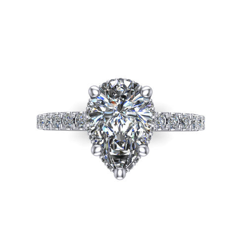 Nadia pear hidden halo engagement ring in 14K White Gold, top-down view showing the brilliant pear-cut center diamond with the hidden pave halo peeking from beneath