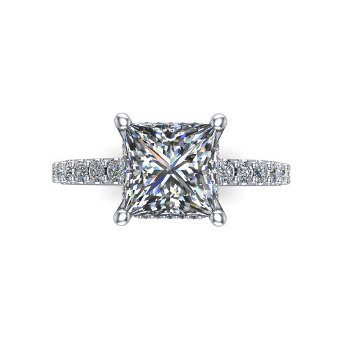 Nadia princess halo engagement ring in 14K White Gold, top-down view showing the brilliant princess-cut center diamond framed by a pave halo