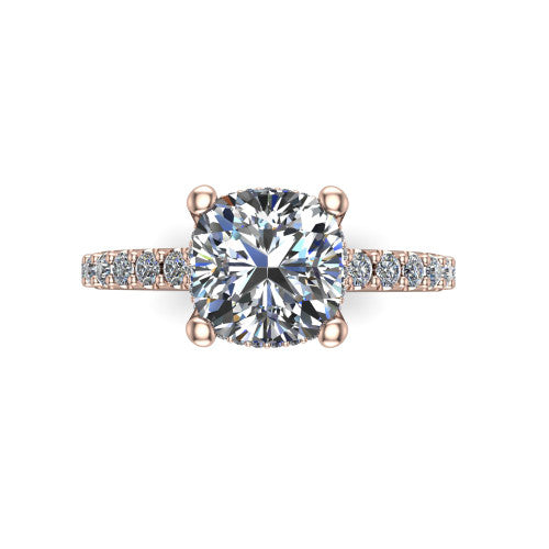 Nadia cushion hidden halo engagement ring in 14K Rose Gold, top-down view showing the brilliant cushion-cut center diamond with the hidden pave halo peeking from beneath