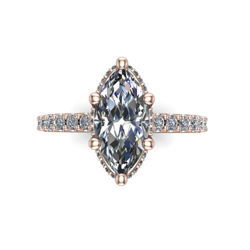 Nadia marquise hidden halo engagement ring in 14K Rose Gold, top-down view showing the brilliant marquise center diamond with the hidden pave halo peeking from beneath