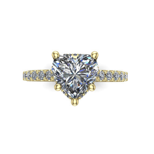Nadia heart hidden halo engagement ring in 14K Yellow Gold, top-down view showing the brilliant heart-shaped center diamond with the hidden pave halo peeking from beneath
