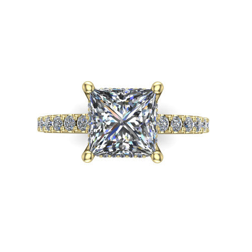 Nadia princess halo engagement ring in 18K Yellow Gold, top-down view showing the brilliant princess-cut center diamond framed by a pave halo