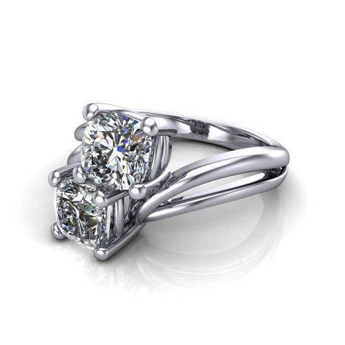 Lexi cushion three stone engagement ring in 14K White Gold, three-quarter perspective showing two brilliant cushion-cut diamonds set diagonally on a bypass split shank with plain bands