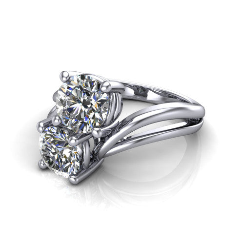 Lexi round three stone engagement ring in 14K White Gold, three-quarter perspective showing two brilliant round diamonds set diagonally on a bypass split shank with plain bands