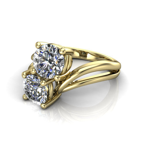 Lexi round three stone engagement ring in 14K Yellow Gold, three-quarter perspective showing two brilliant round diamonds set diagonally on a bypass split shank with plain bands