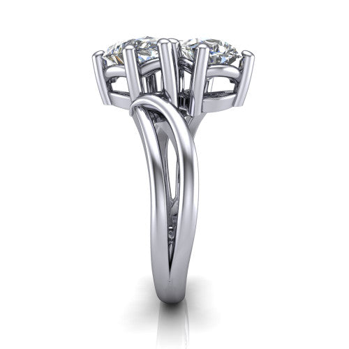 Lexi pear three stone engagement ring in Platinum, side profile showing the bypass split shank arms continuing as separate slim plain bands