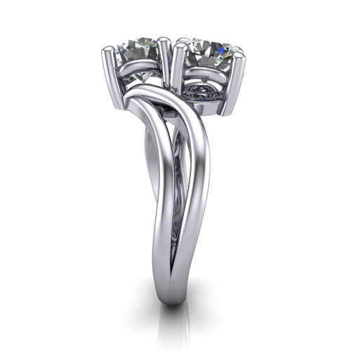 Lexi round three stone engagement ring in Platinum, side profile showing the bypass split shank arms continuing as separate slim plain bands