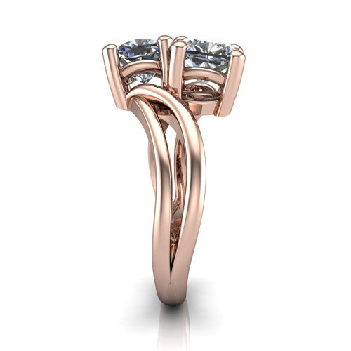 Lexi cushion three stone engagement ring in 18K Rose Gold, side profile showing the bypass split shank arms continuing as separate slim plain bands