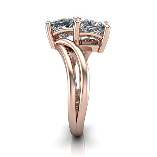 Lexi princess three stone engagement ring in 18K Rose Gold, side profile showing the bypass split shank arms continuing as separate slim plain bands
