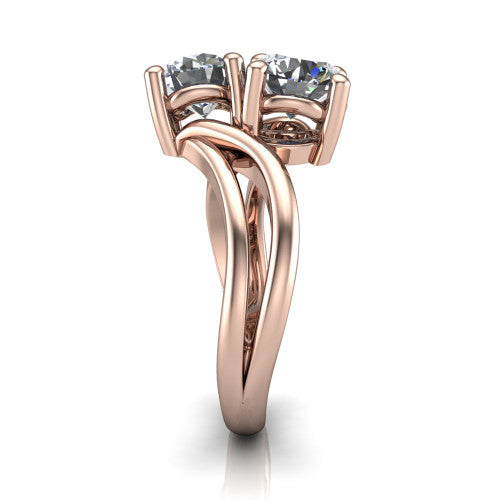 Lexi round three stone engagement ring in 18K Rose Gold, side profile showing the bypass split shank arms continuing as separate slim plain bands