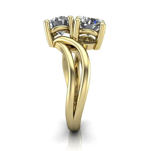 Lexi round three stone engagement ring in 18K Yellow Gold, side profile showing the bypass split shank arms continuing as separate slim plain bands