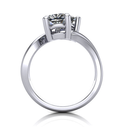 Lexi cushion three stone engagement ring in 18K White Gold, through-finger front profile showing the two-stone head and bypass split shank arms