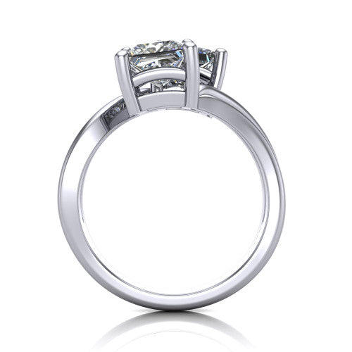Lexi princess three stone engagement ring in 18K White Gold, through-finger front profile showing the two-stone head and bypass split shank arms