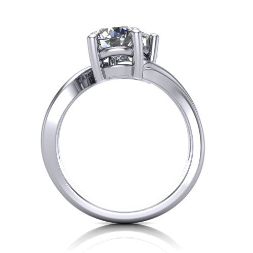 Lexi round three stone engagement ring in 18K White Gold, through-finger front profile showing the two-stone head and bypass split shank arms