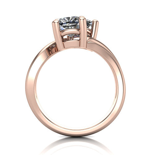 Lexi cushion three stone engagement ring in 14K Rose Gold, through-finger front profile showing the two-stone head and bypass split shank arms