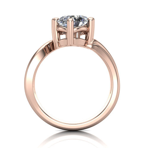 Lexi pear three stone engagement ring in 18K Rose Gold, through-finger front profile showing the two-stone head and bypass split shank arms