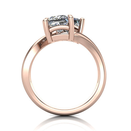 Lexi princess three stone engagement ring in 18K Rose Gold, through-finger front profile showing the two-stone head and bypass split shank arms